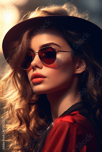 Close-up portrait young adult woman in sunglasses exudes elegance