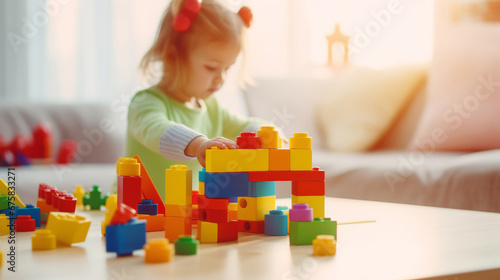 Girl child is playing with building blocks and construction toys