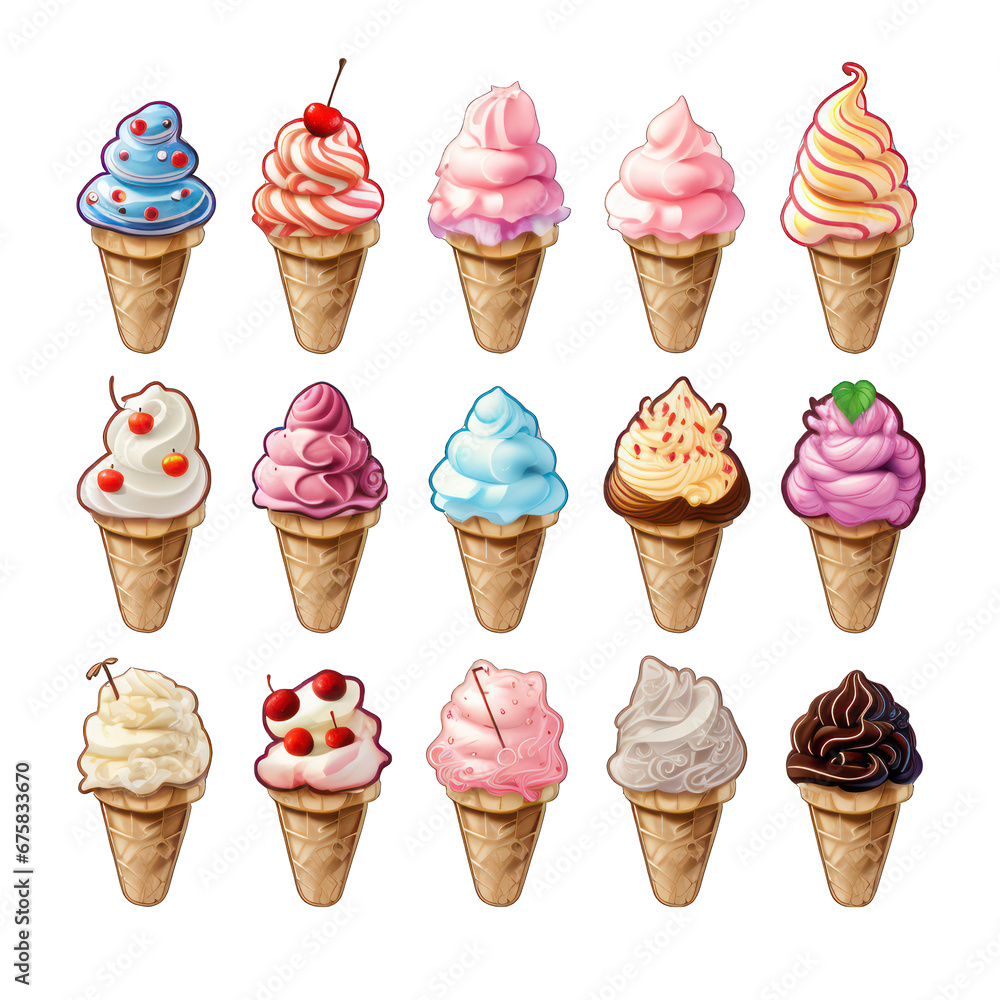 Ice Cream Scoop-Shaped Paper Stickers with Various Flavor Isolated on Transparent or White Background, PNG Ice Cream Scoop-Shaped Paper Stickers with Various Flavor Isolated on Transparent or White Background, PNG