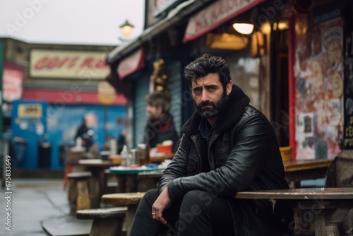 Handsome bearded hipster man in a leather jacket sitting at a street cafe in Paris, France