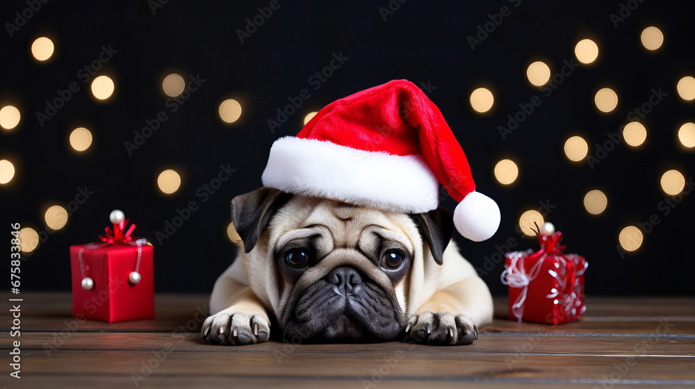 Christmas Dog in Santa hat is lying down on the floor Christmas Dog in Santa hat is lying down on the floor