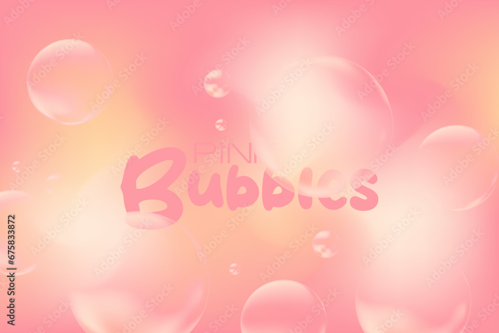 Pink transparent bubbles with gradient background. Collagen bubbles. Fizzy sparkles. Bubble gum. Floating pink spheres 3d rendering backdrop. Great for cosmetics, beauty design projects