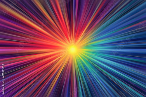 Interstellar space traveling on hyper speed through a warp-tunnel. Colorful background with glowing tunnel and vibrant light traces. Sci-fi and astrophysics concept of hyperspace.