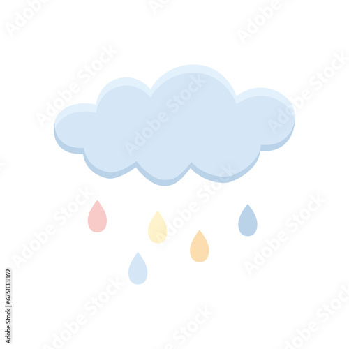 Cute rain cloud with raindrops in shades of blue. Children's painting for boys. Greeting card design for baby shower.