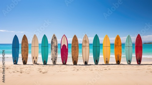 Summer wallpaper background with many colorful surfboards at the beach