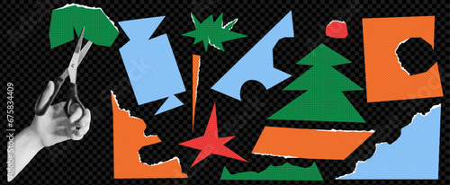 A pack of Christmas-themed paper cut-out elements. Hand in halftone effect with scissors. New Year handmade. Trendy vector illustration on transparent background as png