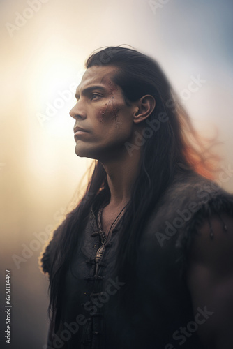 Handsome Young Native American Warrior Man - Sunset - Though serious expression - Looking to the side in a profile view - Iroquois Confederacy (Haudenosaunee) photo