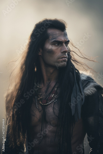 Handsome Young Native American Warrior Man - Sunset - Traditional fur clothing and ornaments - Blackfeet