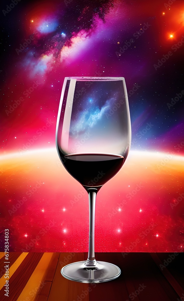 Glass of wine on the background of the universe