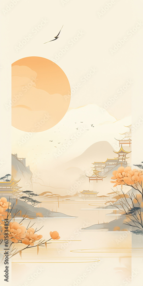 Naklejka premium Autumn scenery in the Watercolor Landscape background. 