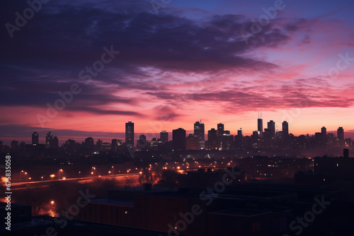City skyline at dusk, purple sky with clouds. Many of the skyscrapers