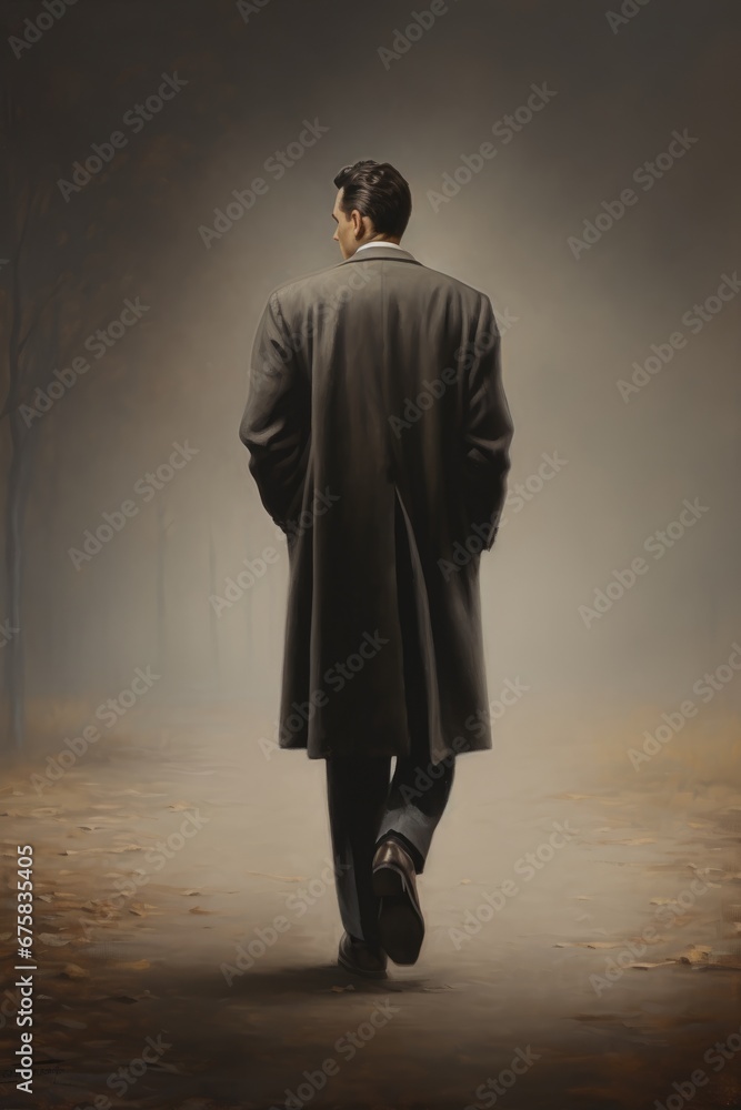 Mysterious 1900s man walking away - Watercolor - Oil Painting - Private noir detective Mysterious 1900s man walking away - Watercolor - Oil Painting - Private noir detective