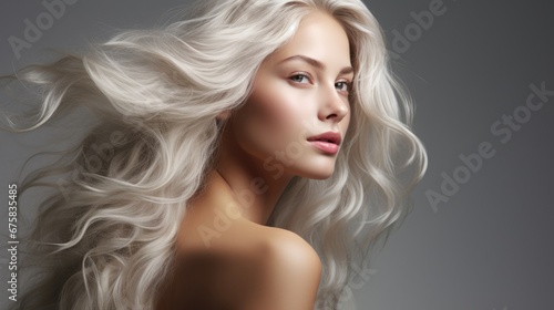 Portrait of beautiful blonde young woman with long hair and bare shoulders on grey dark background photo