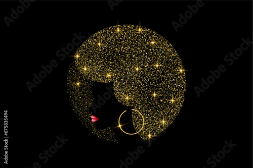 Portrait of Sparkling African woman, ethnic luxury beauty logo design with glittering Afro curly hair, hairstyles salon concept, Disco party or Jazz singer vector isolated or black background 