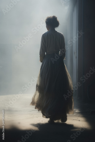 Retro vintage noir woman - 1900s era - White dress - misty and foggy bright background - silhouette style