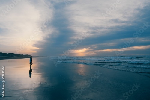 Female figure standing alone on a sandy beach at sunset, facing away from the camera