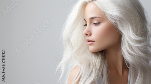 Portrait of beautiful blonde young woman with long hair and bare shoulders on grey dark background