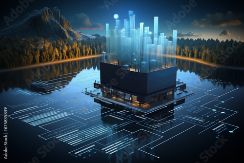 Futuristic data lakehouse concept with a holographic cityscape on a serene lake reflecting cutting-edge data integration.