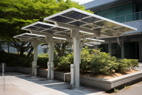 Solar panel pergola in urban setting, showcasing clean energy innovation with bifacial photovoltaic cells.
