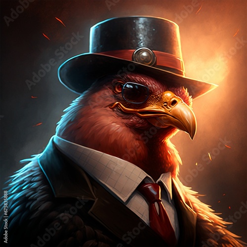 AI generated illustration of an eagle wearing a suit with a burning flame in the background photo