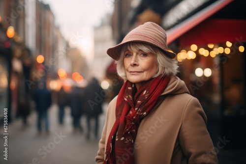 Portrait of senior woman in hat and scarf on the street. © Nerea