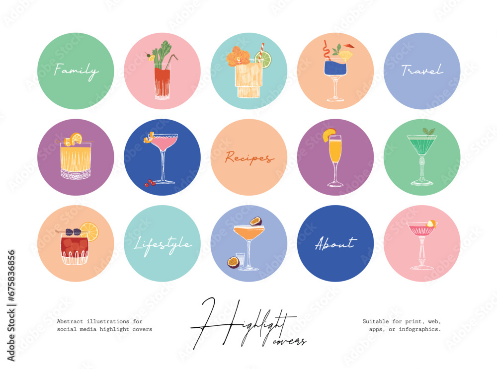 Minimalist hand drawn cocktail vector illustration collection. Art for postcards, branding, logo design, background.