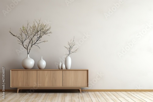 Interior of modern living room with wooden chest of drawers - rendering