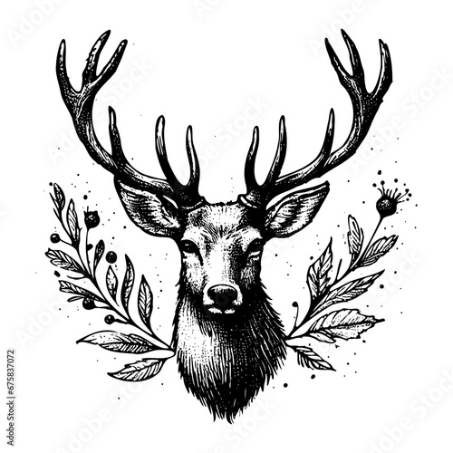 Portrait realistic engraving of deer isolated black and white vector background. Emblem portrait realistic deer vector illustration isolated. Wild animal