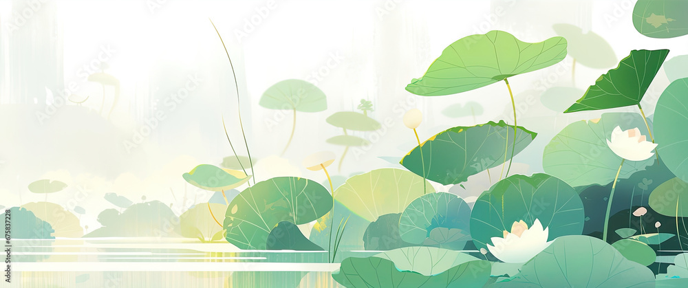 Summer Lotus in the Watercolor Landscape background. 