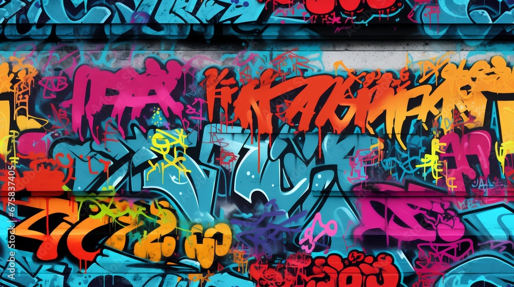 A vibrant and visually striking seamless pattern of layered graffiti art on a concrete wall, showcasing a myriad of colors, shapes, and styles that embody urban street culture. A vibrant and visually striking seamless pattern of layered graffiti art on a concrete wall, showcasing a myriad of colors, shapes, and styles that embody urban street culture.