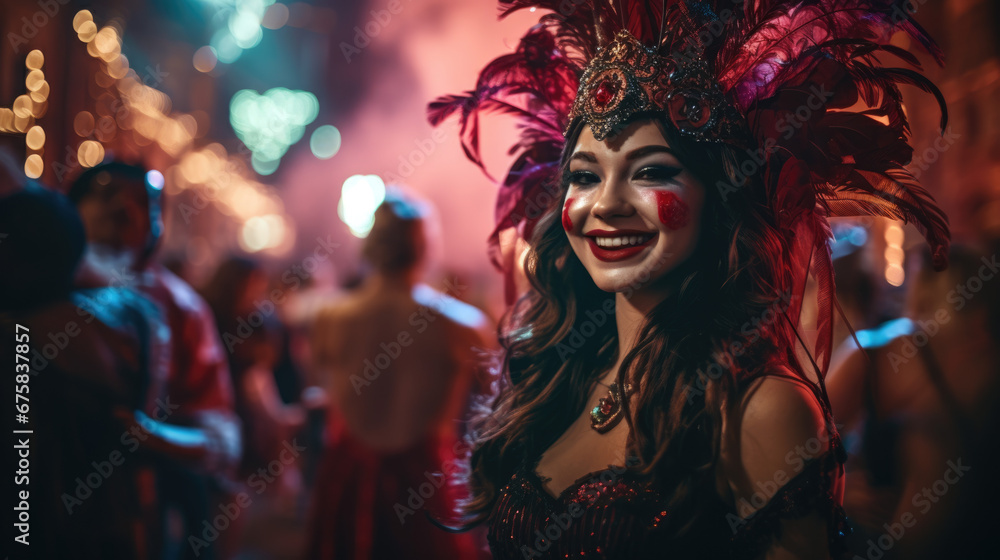 Carnival Parade, Joyful masqueraded woman at a night carnival, Woman in vibrant carnival costume with feathers