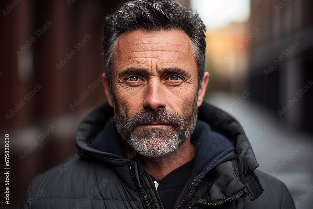 Portrait of a handsome mature man with beard and mustache in the city.