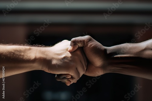 two people one black and one white make a fist bump friendship and relationship concept  photo