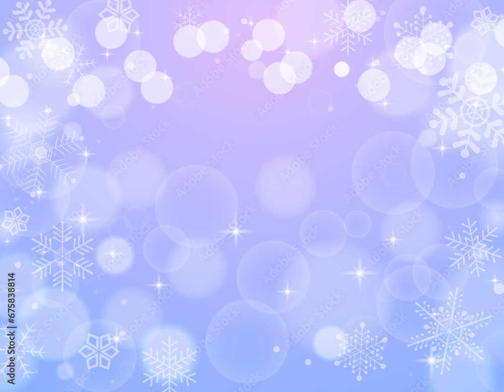 雪の結晶と玉ボケのキラキラしたフレーム背景/紫