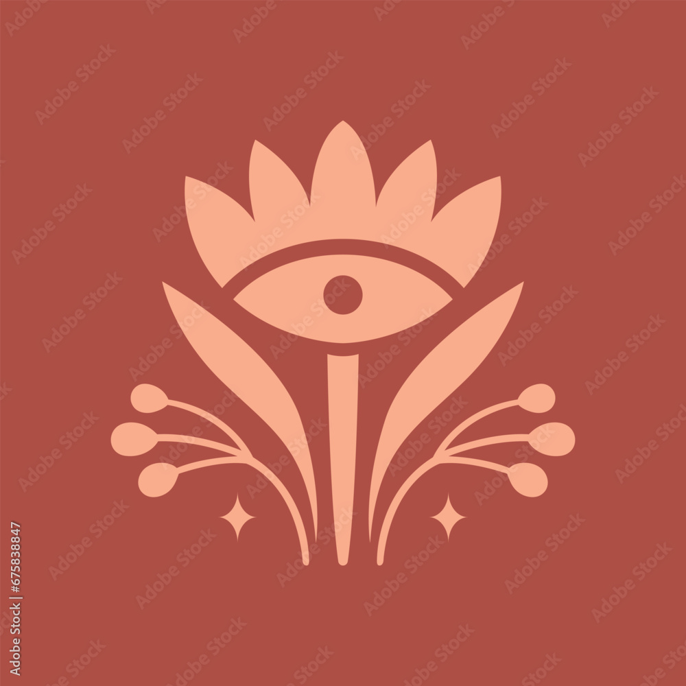 Fototapeta premium Esoteric mystical clip art with flower, plant, leaves, berries. Alchemy illustration for tattoo boho, wellness logo, card, banner, wall art, sticker.