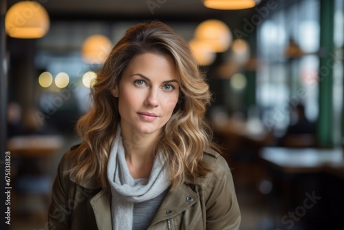 Portrait of a beautiful young woman in a coffee shop or restaurant