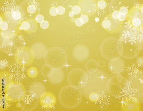 雪の結晶と玉ボケのキラキラしたフレーム背景/黄色