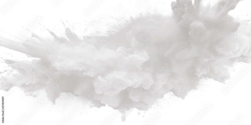 Black powder explosion with dark colors isolated white background. Abstract powder splatted on white background, freeze motion of black powder exploding or throwing black powder. - obrazy, fototapety, plakaty 