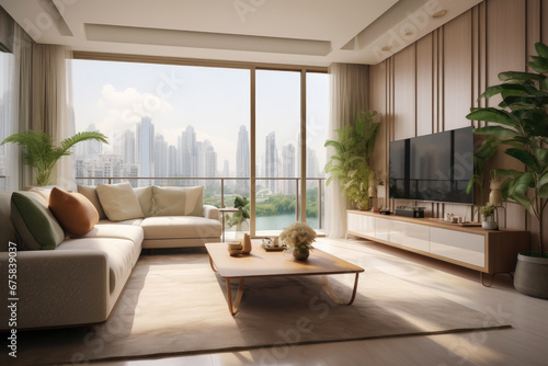 Contemporary Urban Condo Living Room and Balcony View © Andrii 