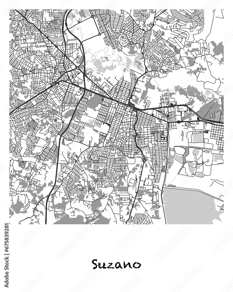 Fototapeta premium Poster design of a map of the city of Suzano in Brazil. 4:5 aspect ratio with a white border and the name of the city of Suzano written in black charcoal style text below.
