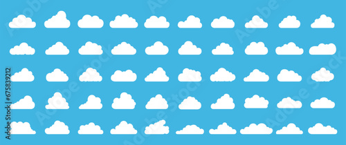 Set of Big Clouds. Cloud Icon. Different Shape White Clouds on Blue Background Vector Illustration.