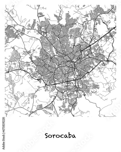 Poster design of a map of the city of Sorocaba in Brazil. 4:5 aspect ratio with a white border and the name of the city of Sorocaba written in black charcoal style text below.