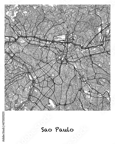Poster design of a map of the city of Sao Paulo in Brazil. 4:5 aspect ratio with a white border and the name of the city of Sao Paulo written in black charcoal style text below.