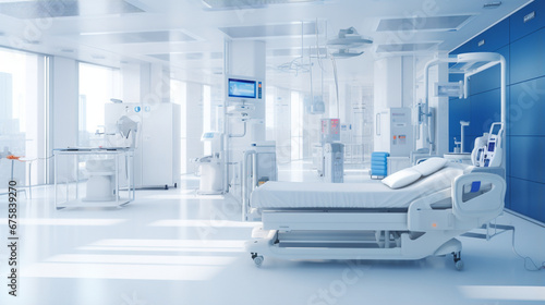 Empty clean ICU room with modern medical equipment and sun light. Created using generative AI.