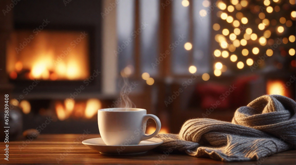 Mug of hot drink in front of fireplace
