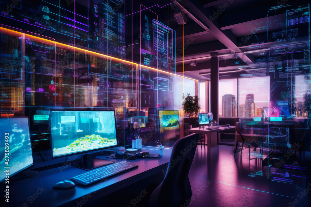 Cyberpunk Office Interior with Tech Fusion