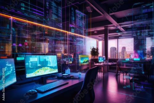 Cyberpunk Office Interior with Tech Fusion