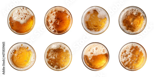 Collection set glass of beer with bubble on glass isolated on a transparent background, top view
