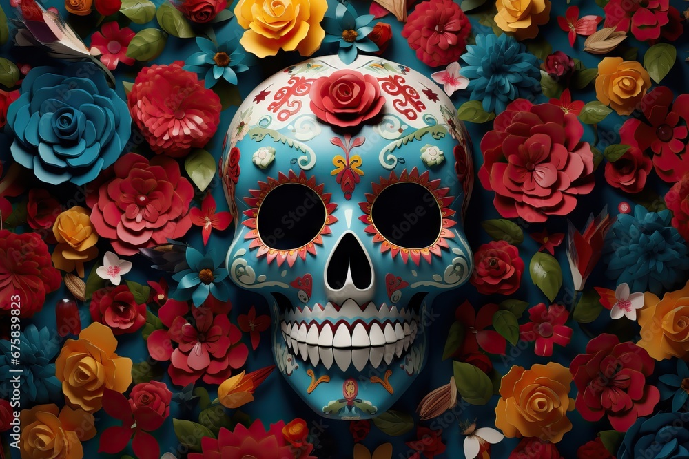 Mexican sugar skullwith floral ornament and flower on teal blue background. Dia de muertos celebration. Fiesta, Halloween holiday poster, flyer, greeting card, banner