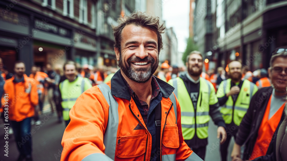 Group of diverse workers walking on streets outdoor. Group of diverse workers walking on streets outdoor.